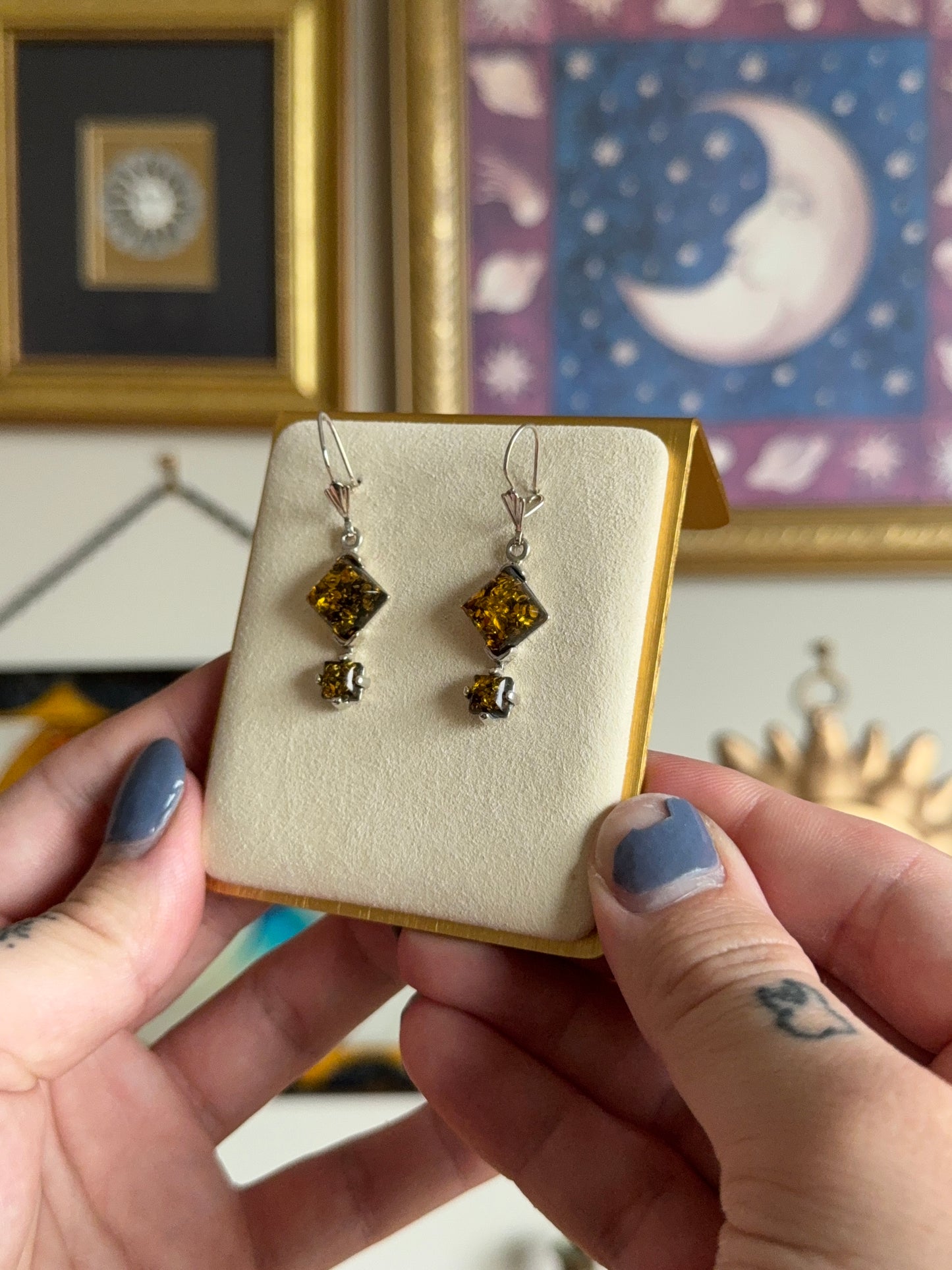 Square amber earrings