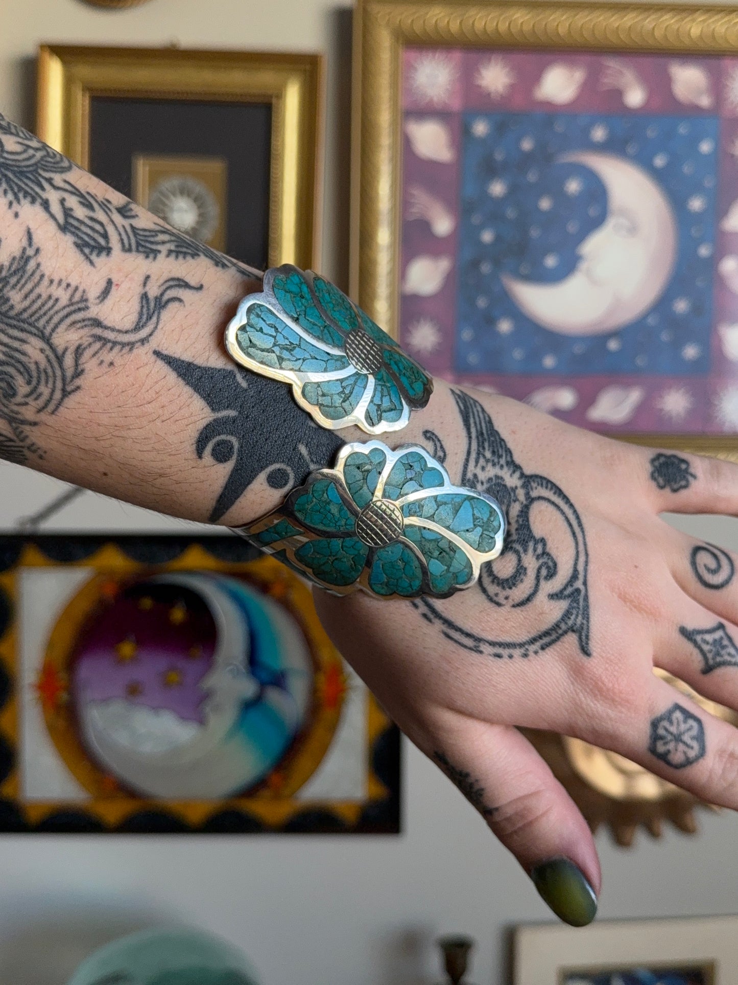 Floral Turquoise hinged cuff