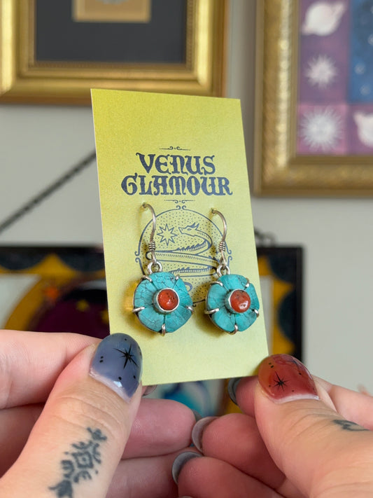 Turquoise & Coral flower earrings