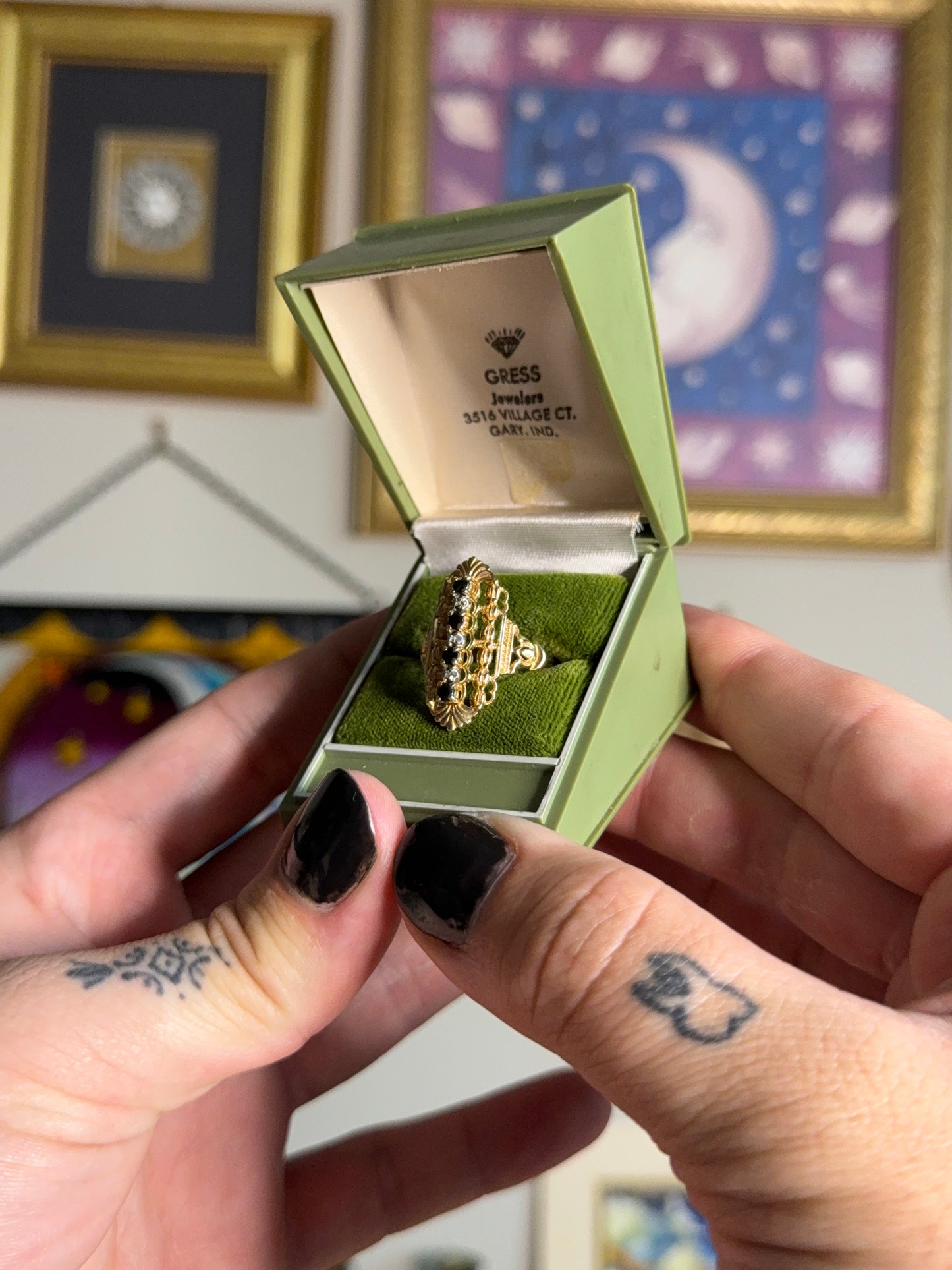 Ornate sapphire & diamond shield ring