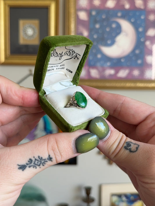 White gold antique jade floral ring