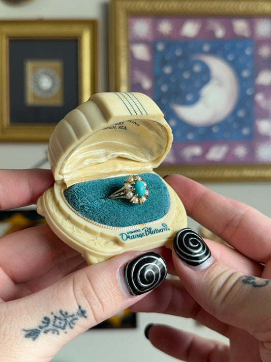 Antique Turquoise & cultured pearls cluster ring