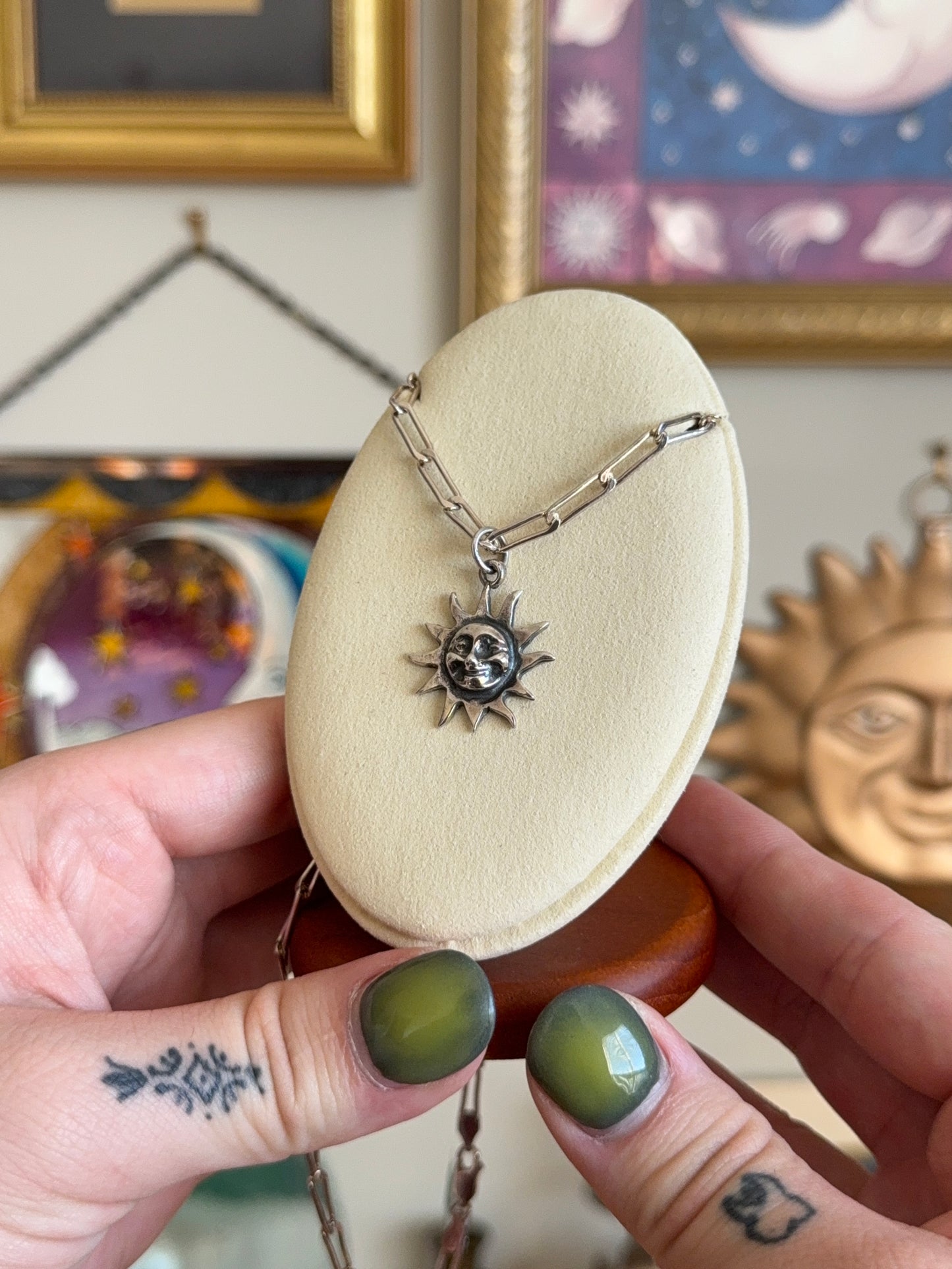 Silver sun necklace with paper clip Chain