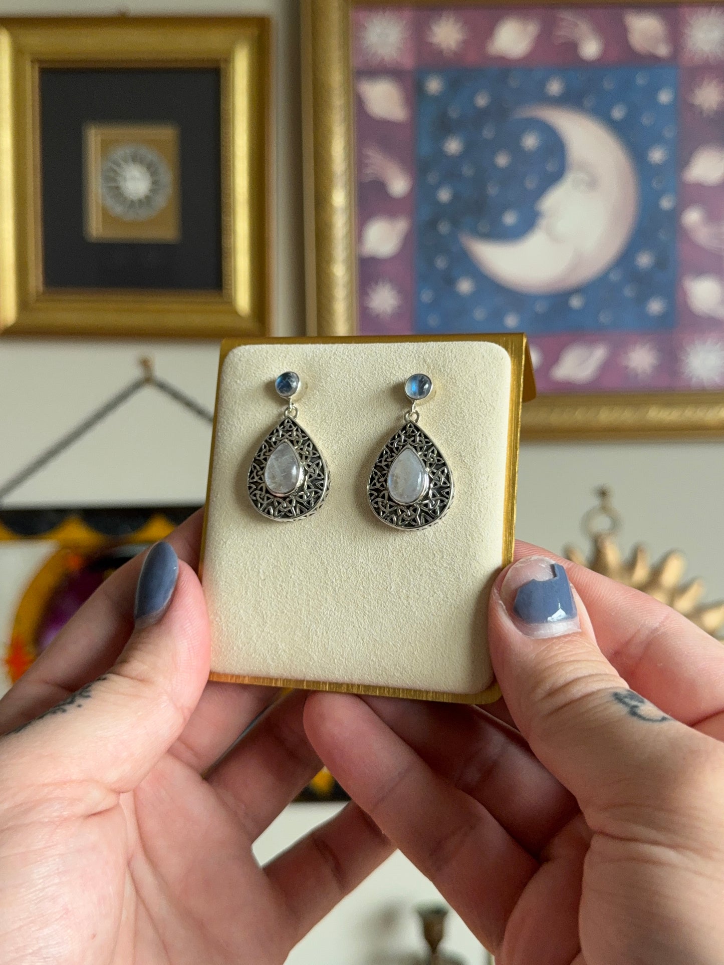 Tear drop rainbow moonstone earrings