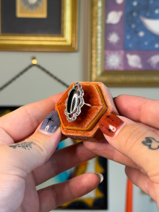 Elongated Black onyx & marcasite ring