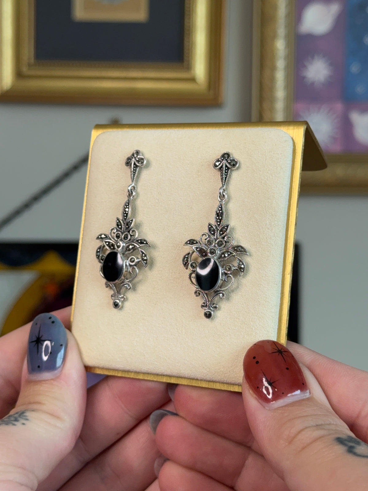 Ornate Black Onyx & Marcasite earrings