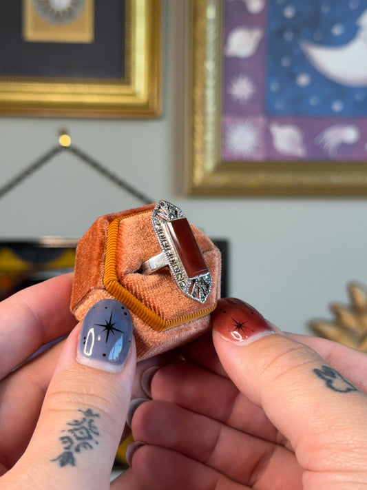 Elongated Carnelian & marcasite ring