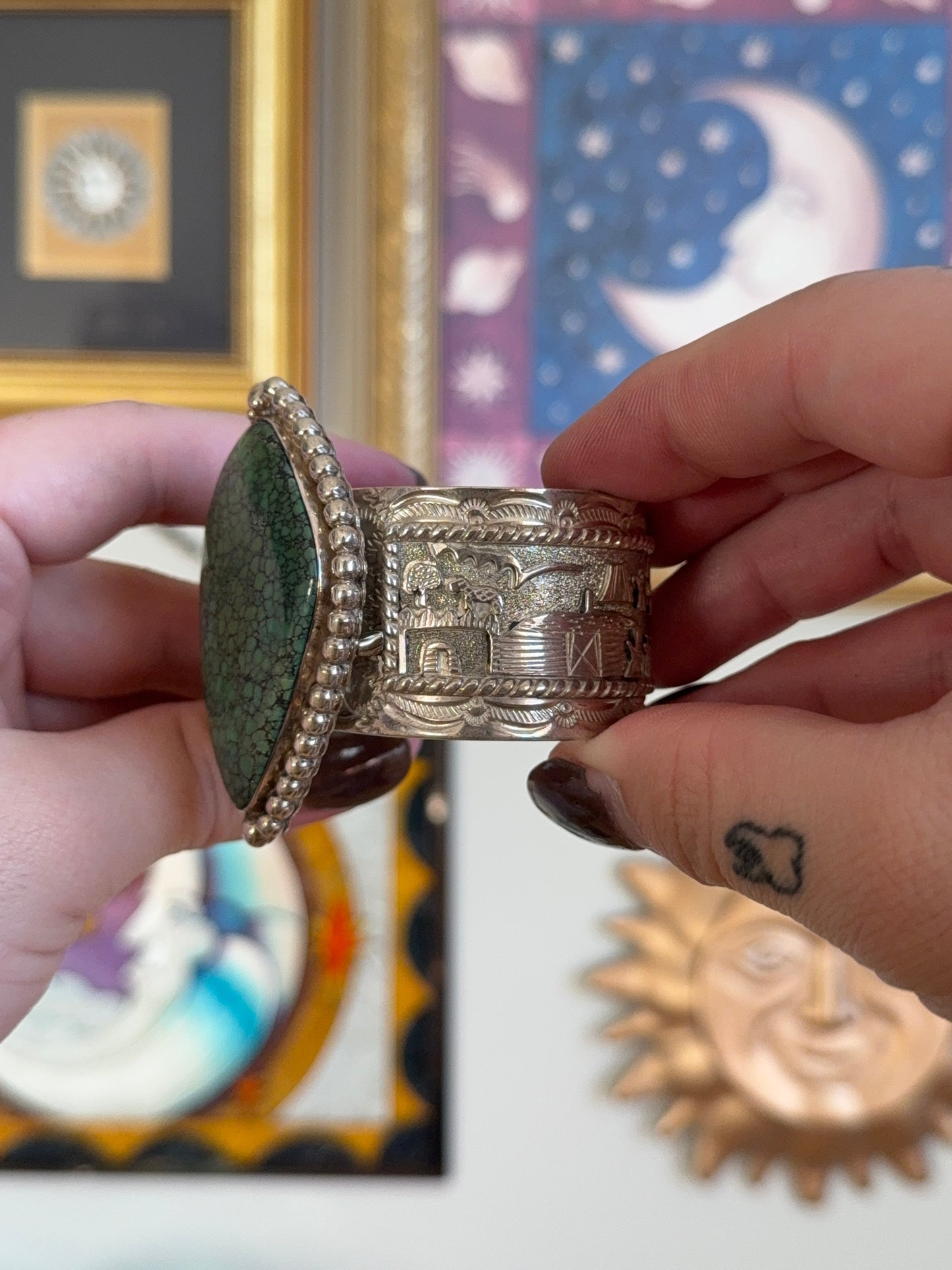 Sterling Silver Green Turquoise detailed cuff