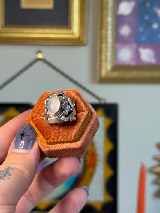 Detailed floral moonstone ring