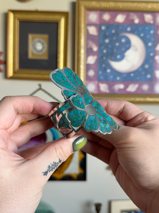 Floral Turquoise hinged cuff