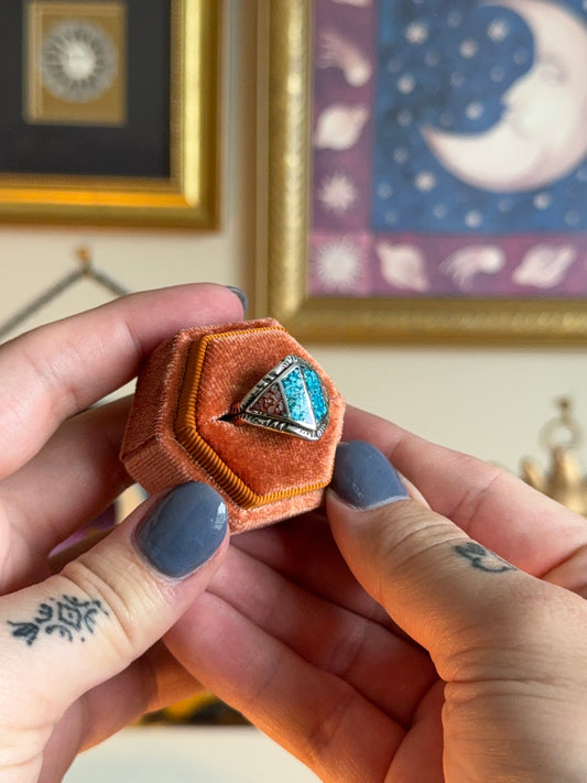 Silver Diamond ring with turquoise & coral crushed inlay