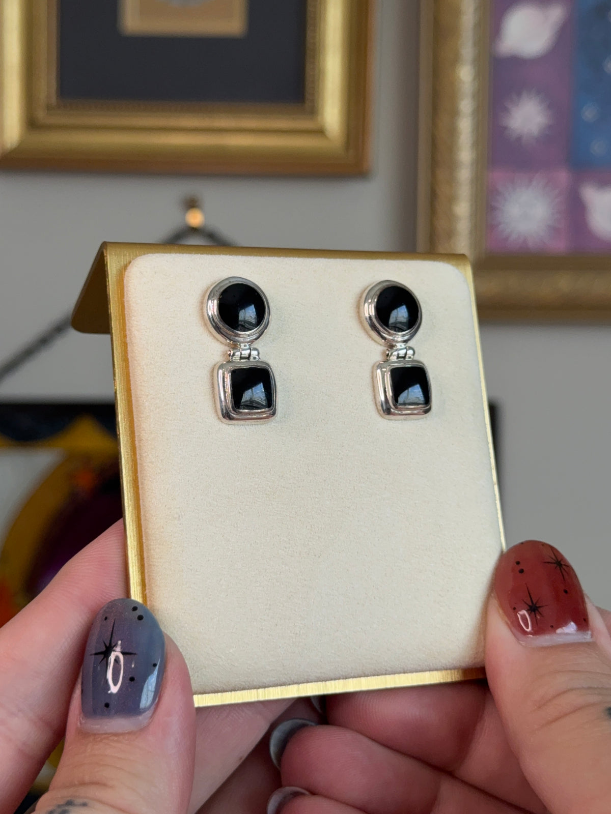Black onyx circle and square earrings