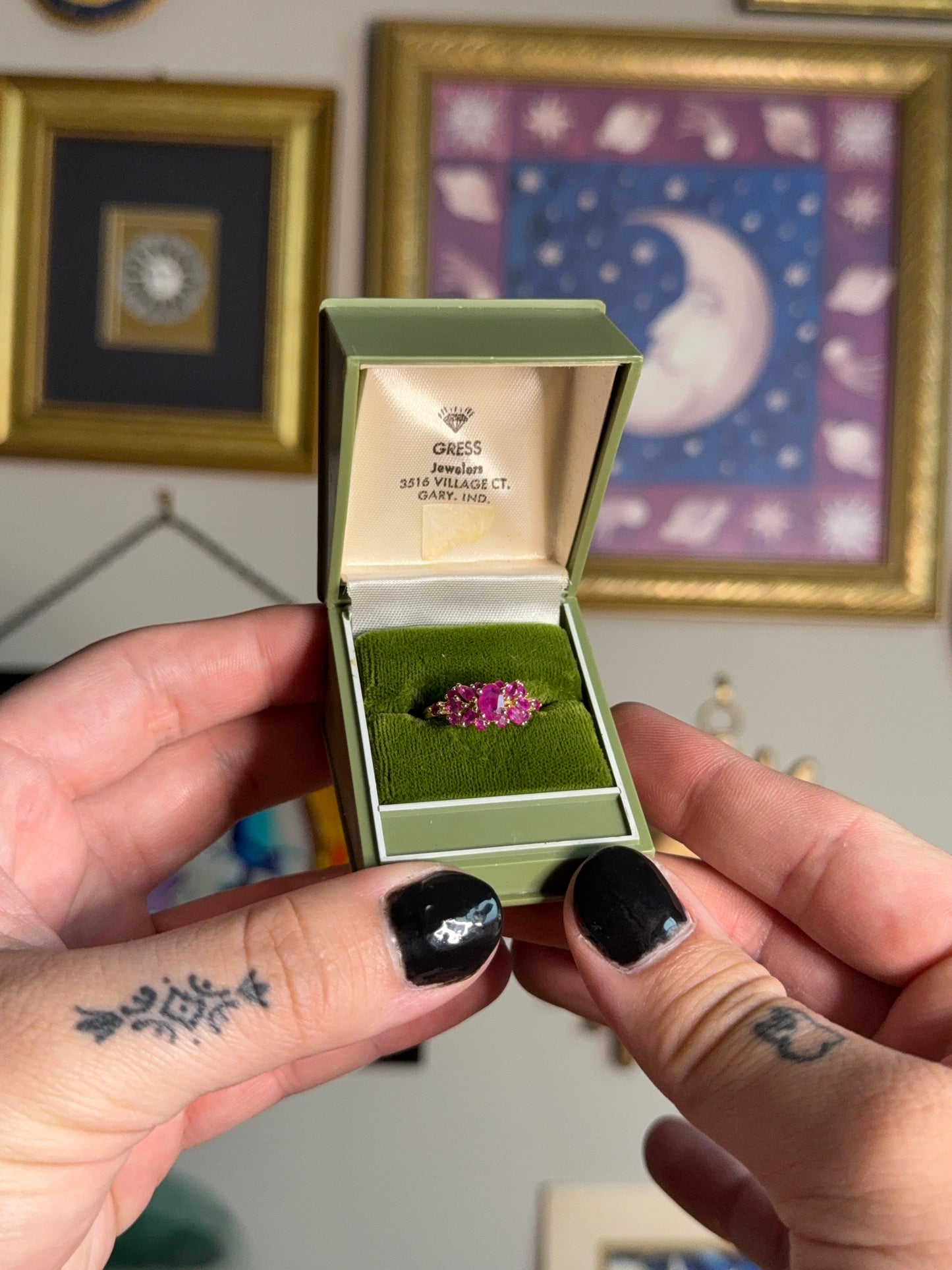 Yellow gold pink ruby cluster ring