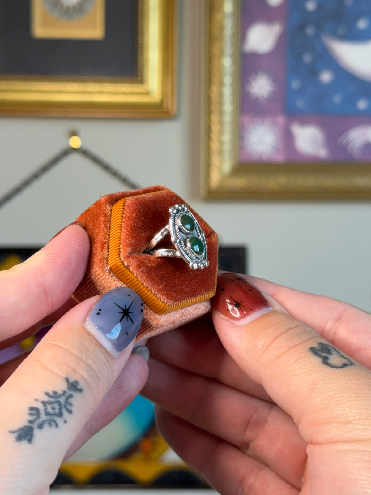 Double green turquoise shield ring