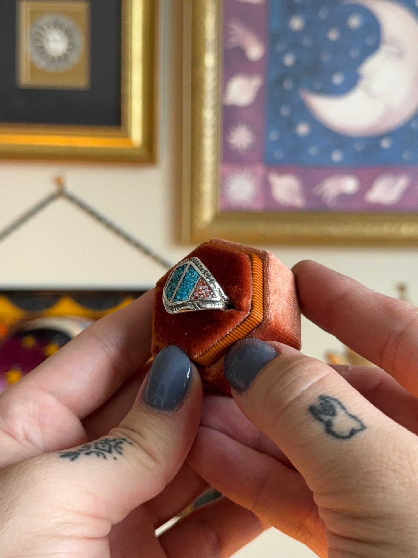 Silver Diamond ring with turquoise & coral crushed inlay