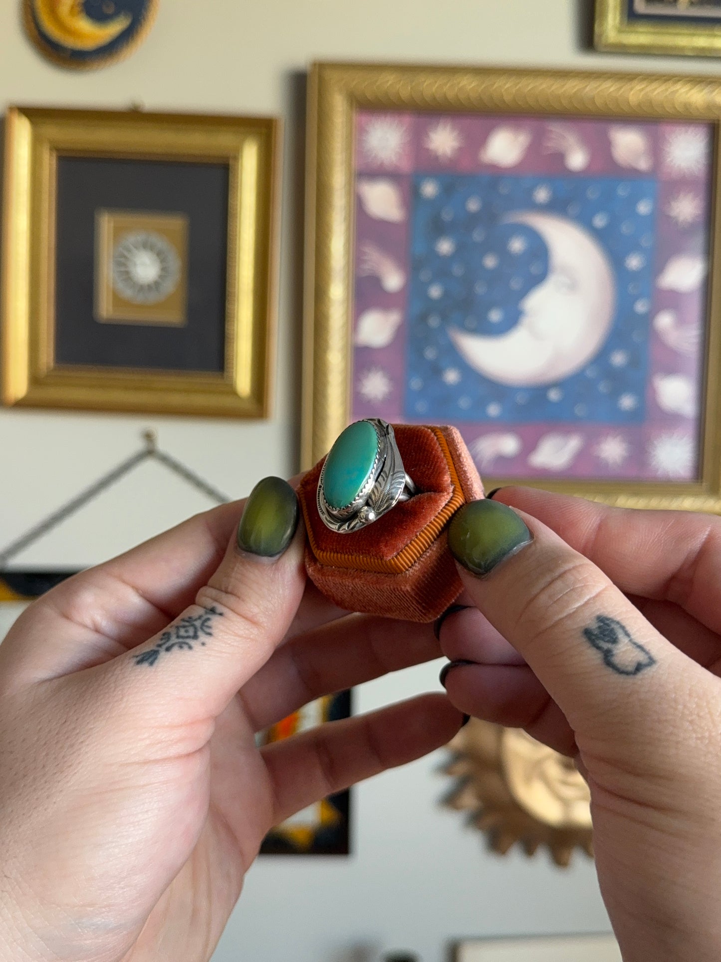 Big Turquoise oval with leaf motif