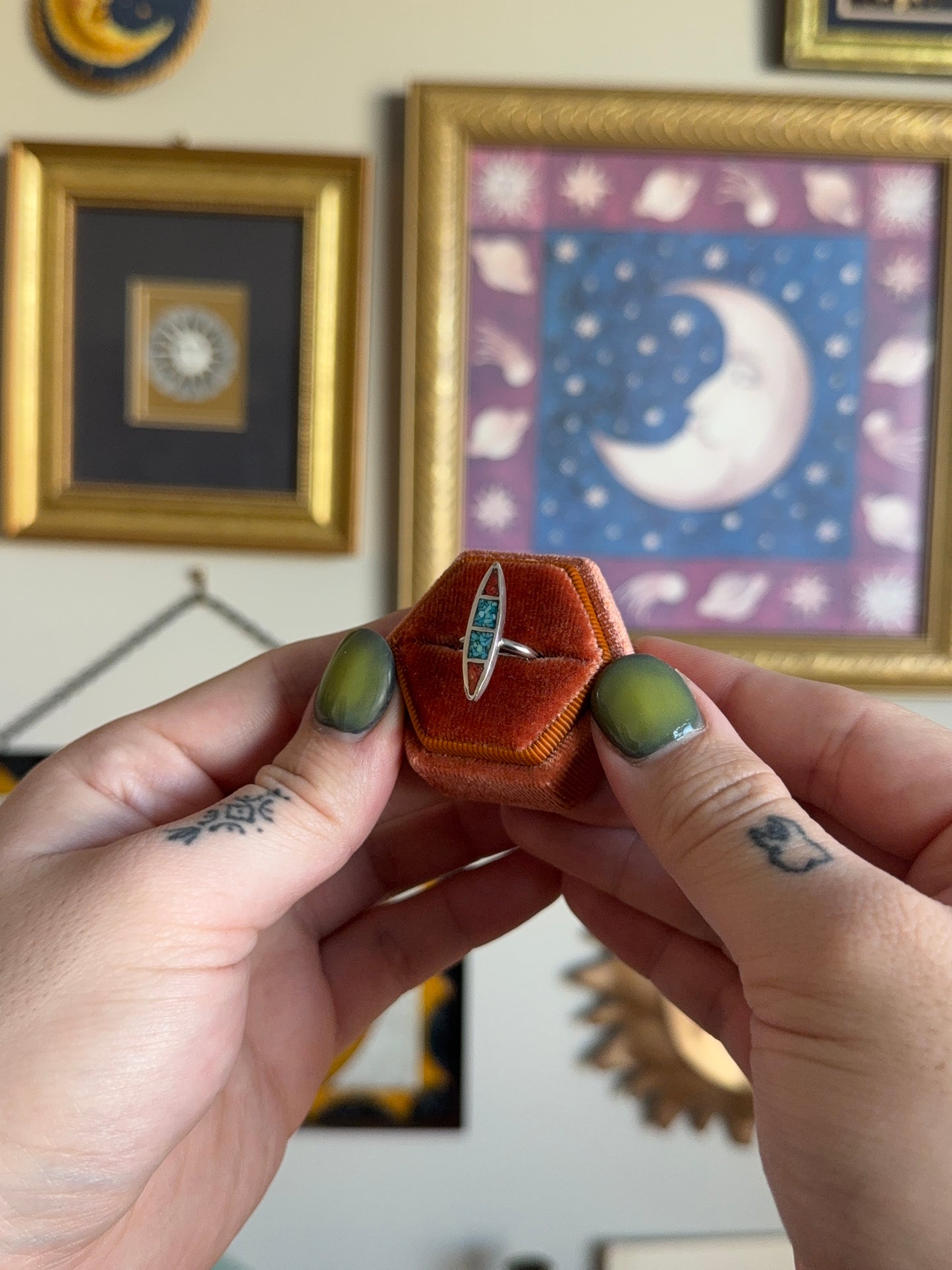 Marquise turquoise and coral inlay ring