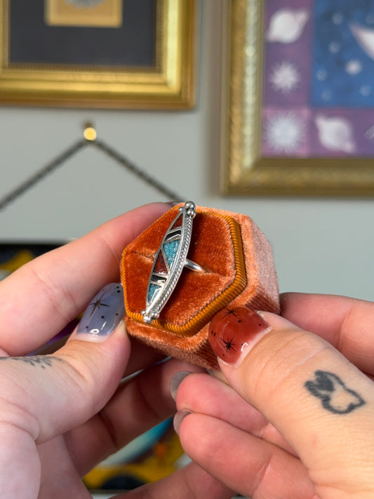 Elongated Turquoise & Coral& onyx inlay ring