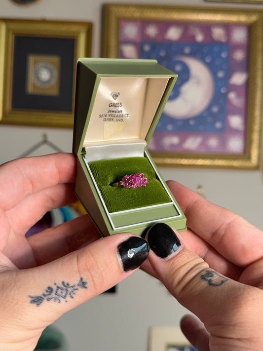 Yellow gold pink ruby cluster ring