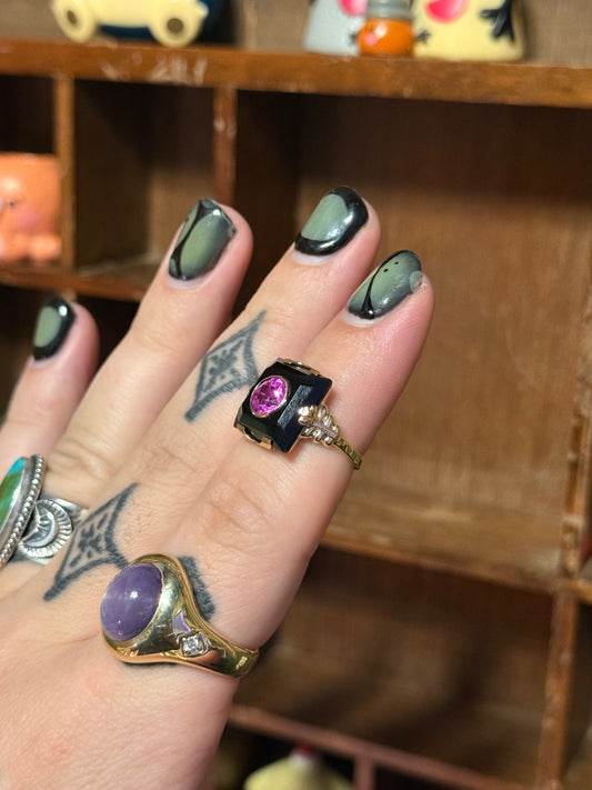 Art deco black onyx and pink spinel