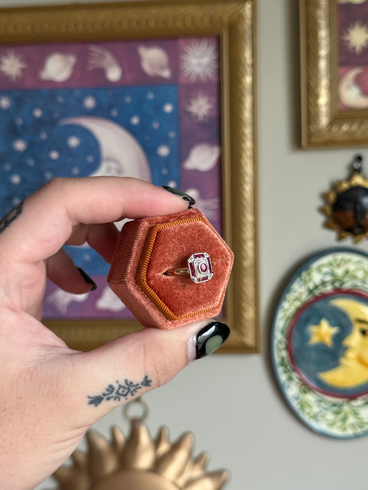 Yellow gold ruby and diamond shield