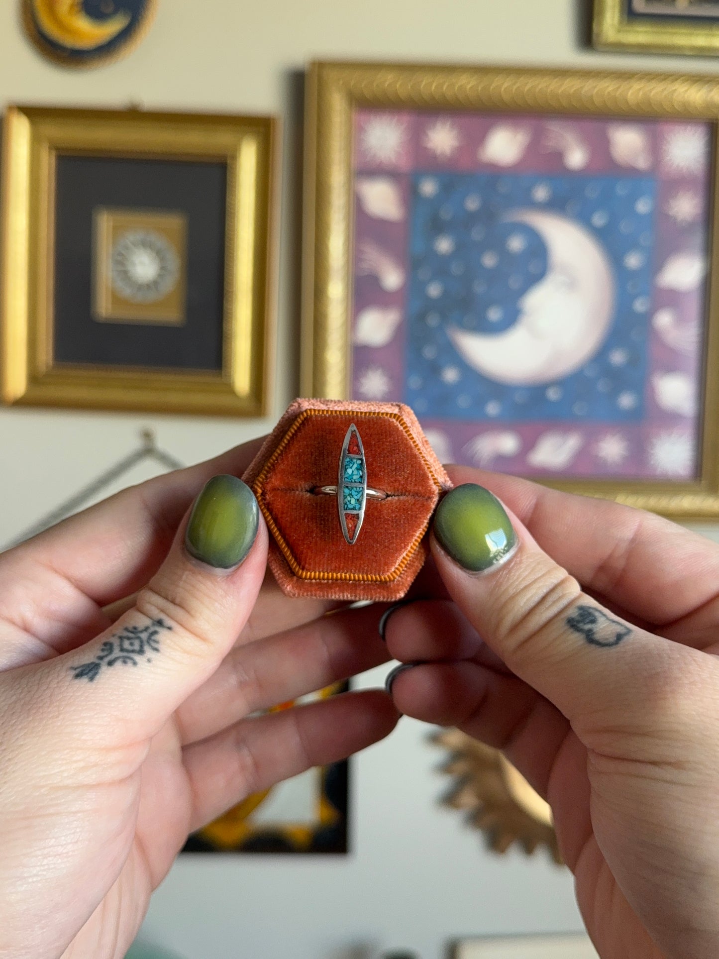 Marquise turquoise and coral inlay ring