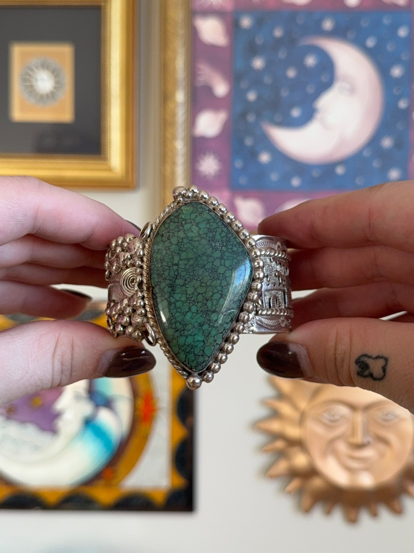 Sterling Silver Green Turquoise detailed cuff