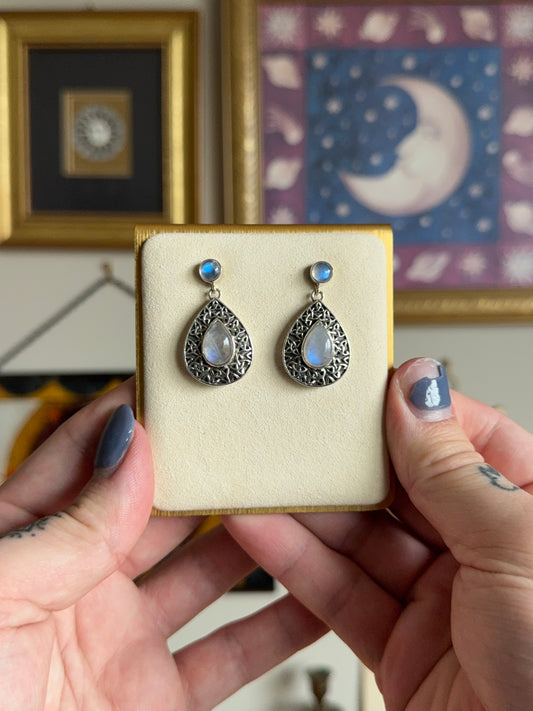 Tear drop rainbow moonstone earrings