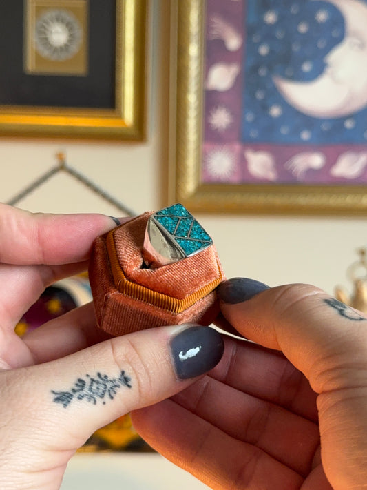 Rectangle crushed turquoise signet ring