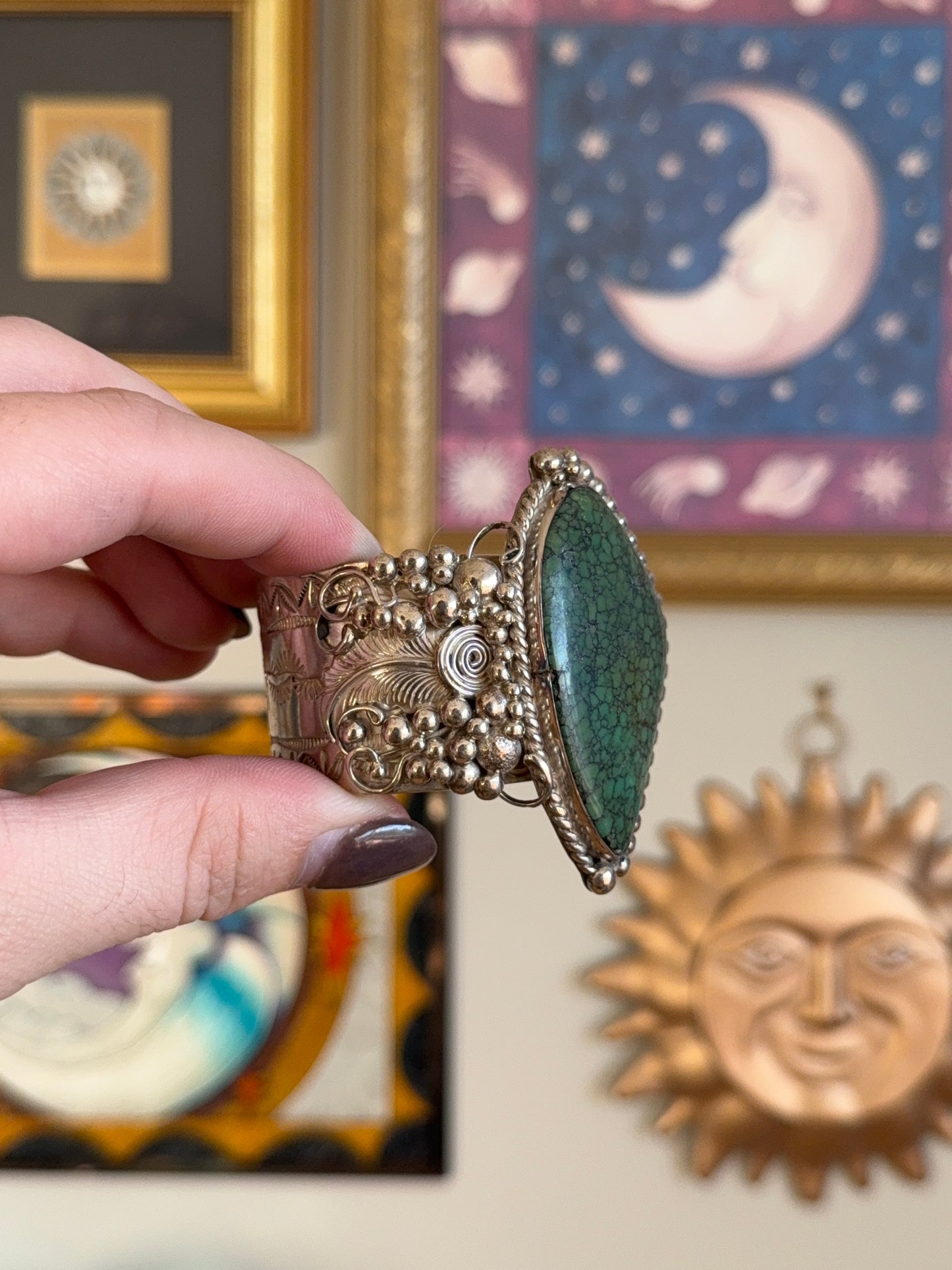 Sterling Silver Green Turquoise detailed cuff