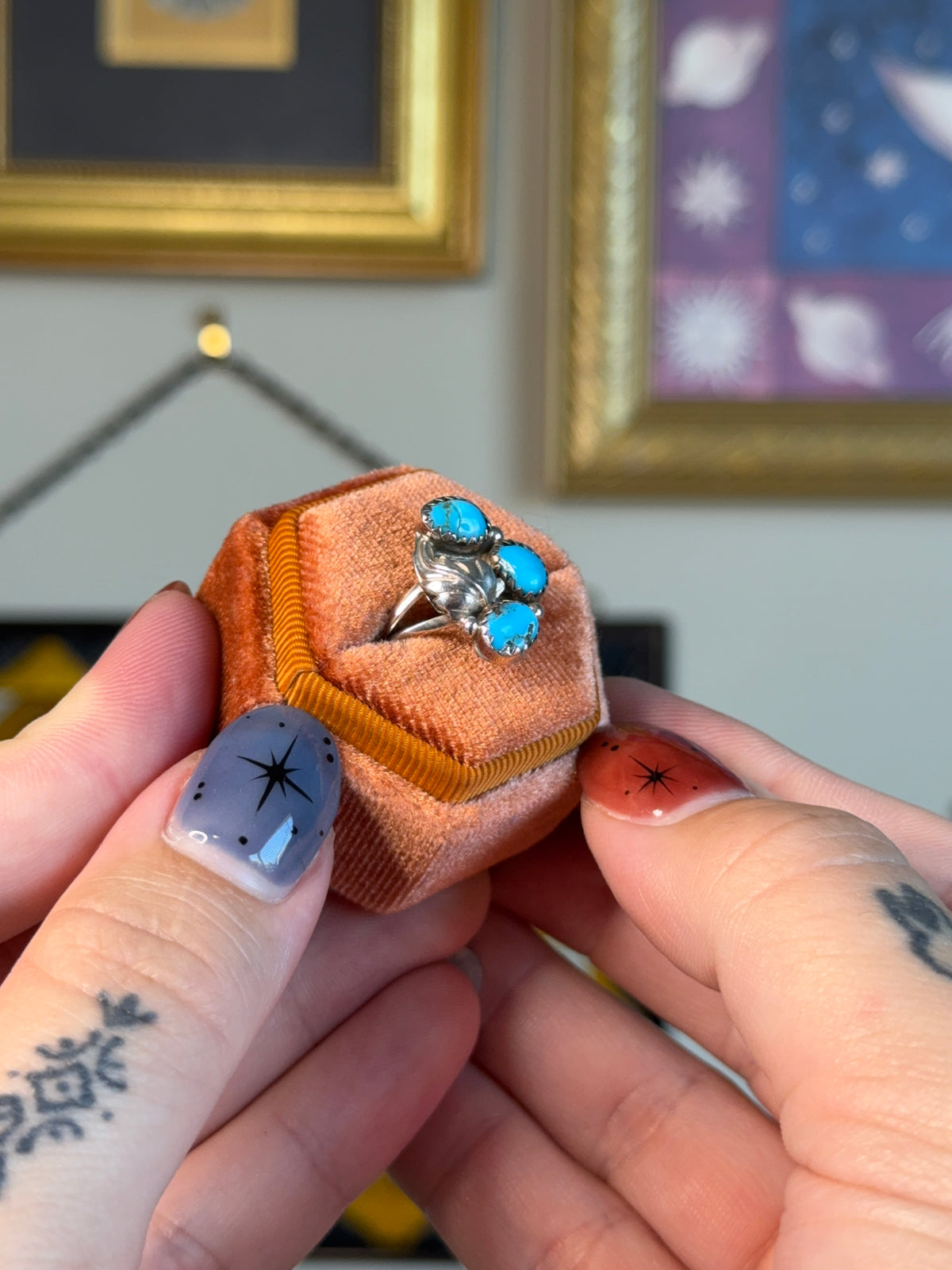 Triple Turquoise with leaf motif ring