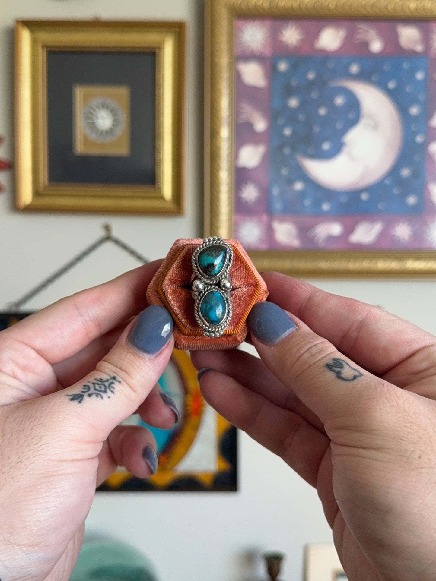 Elongated double turquoise ring