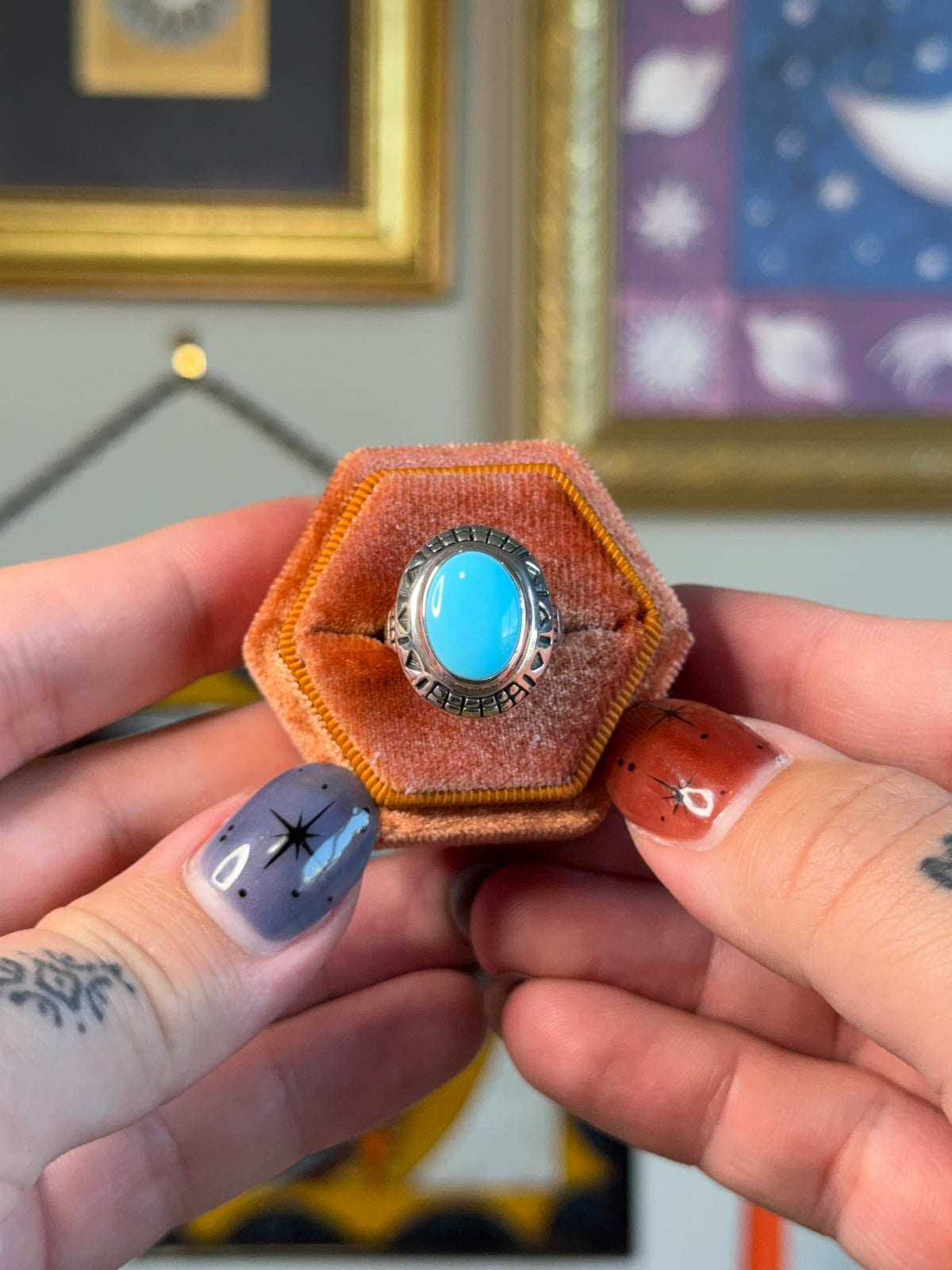 Detailed turquoise shield ring