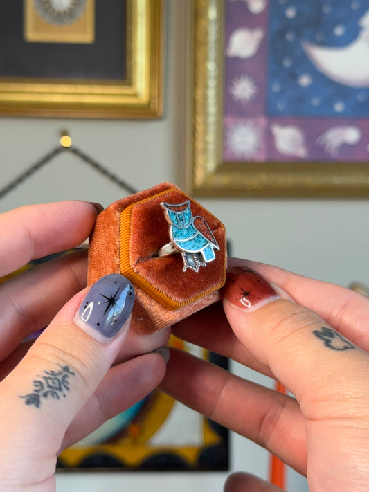 Navajo Turquoise & Coral owl inlay ring