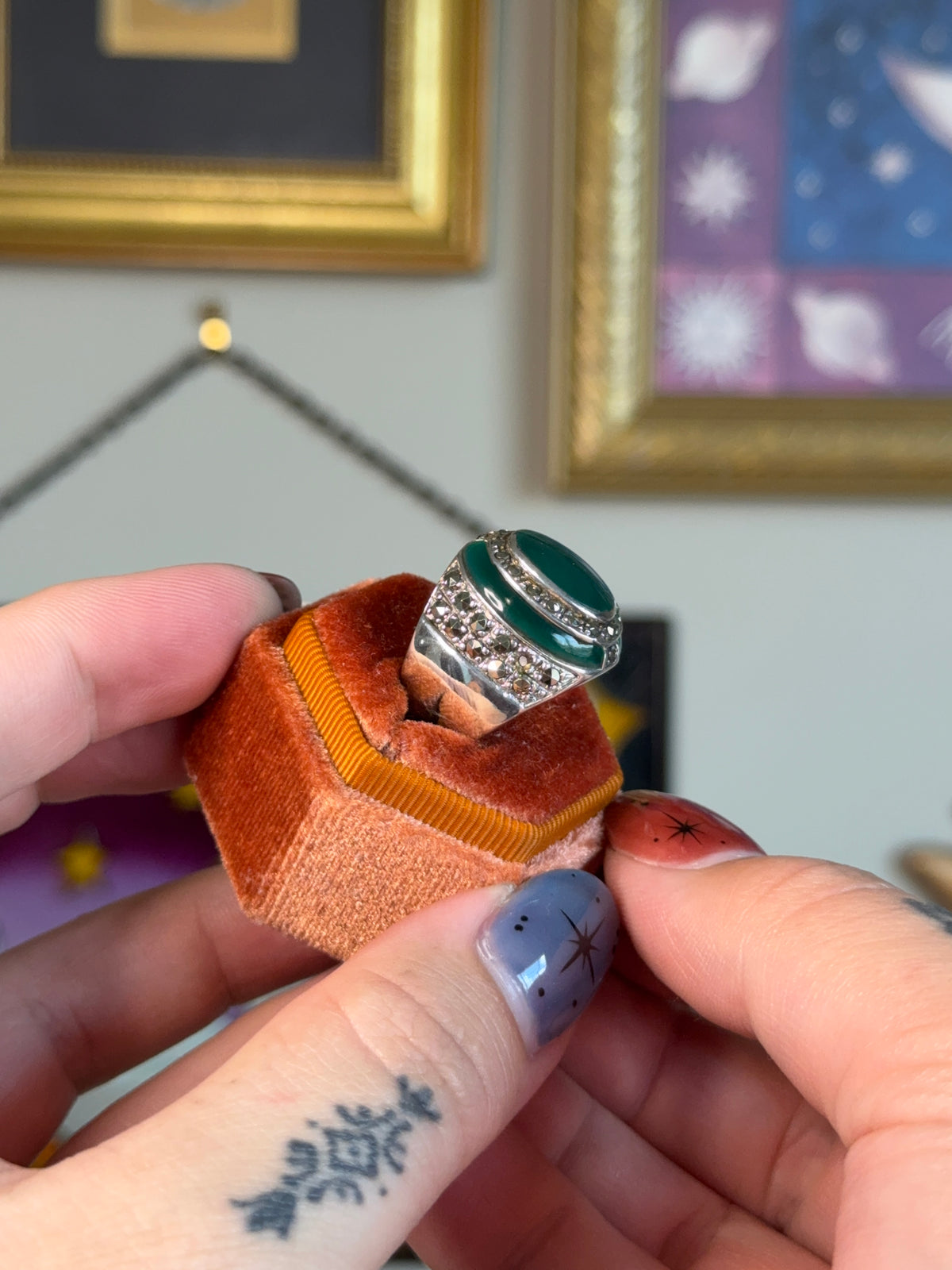 Green Onyx & Marcasite ring