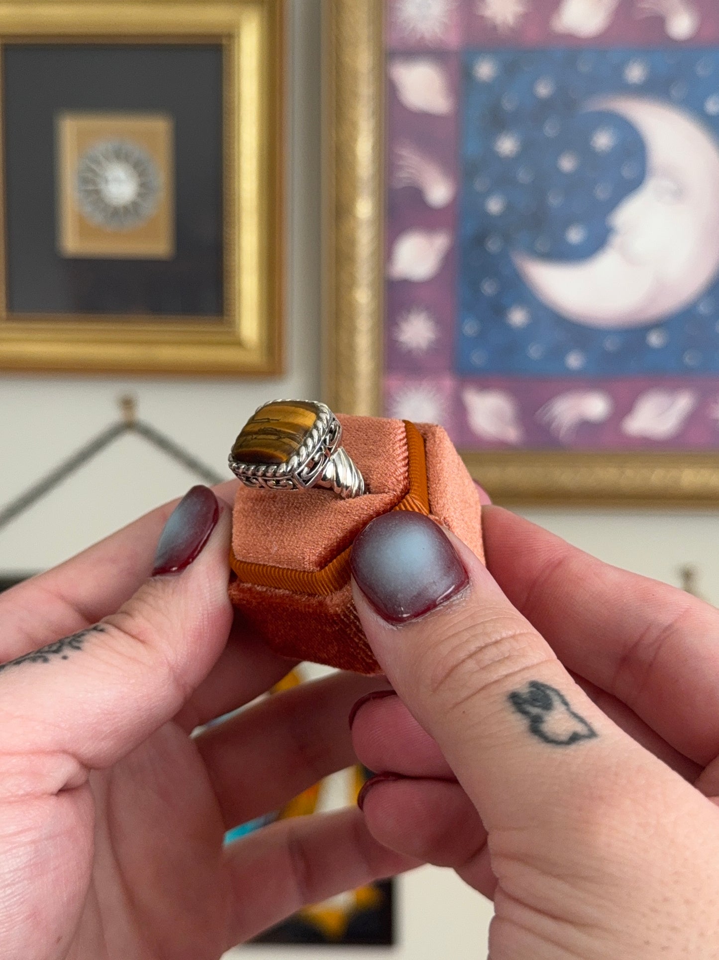 Square tigers eye detailed ring
