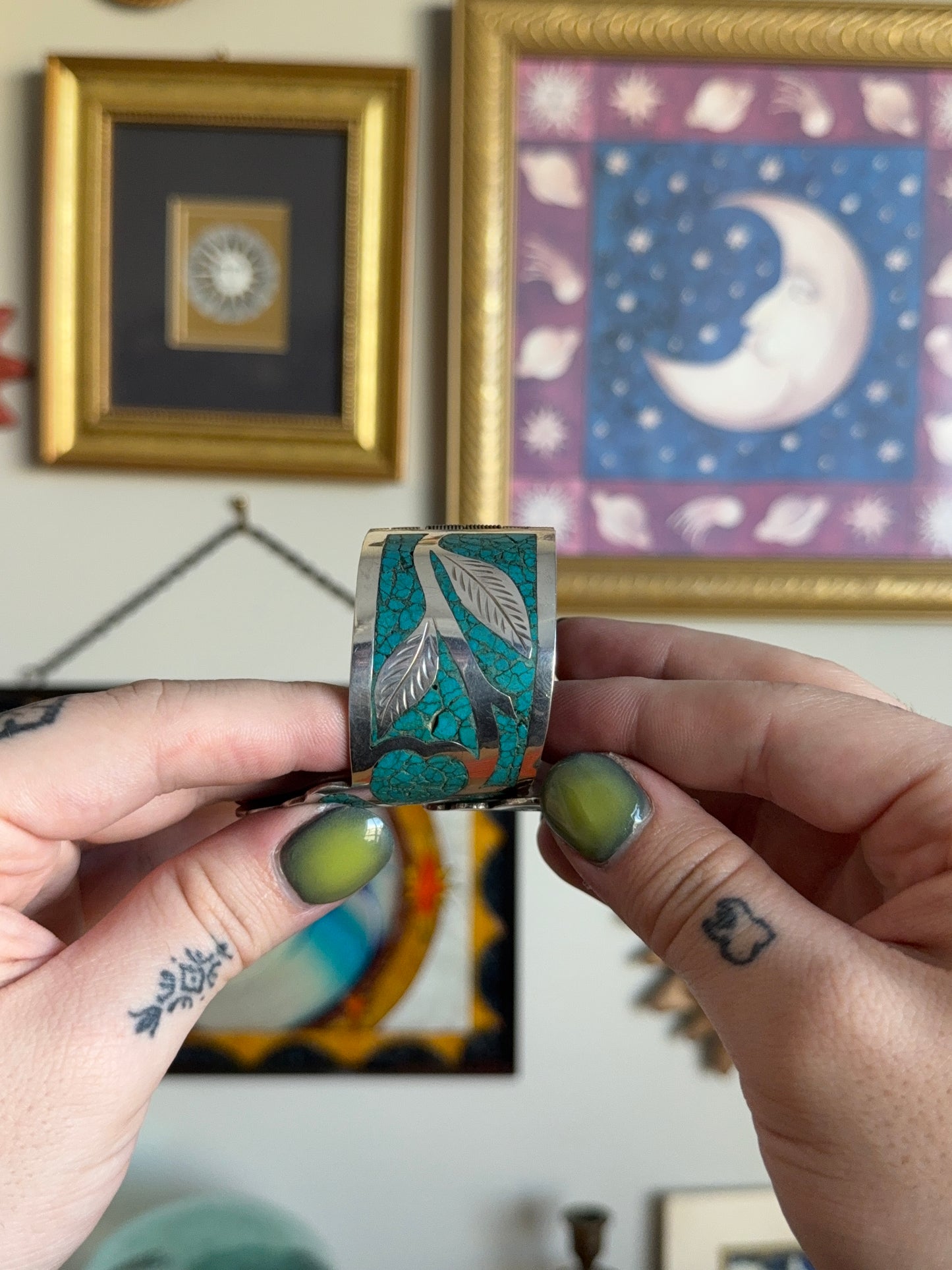 Floral Turquoise hinged cuff
