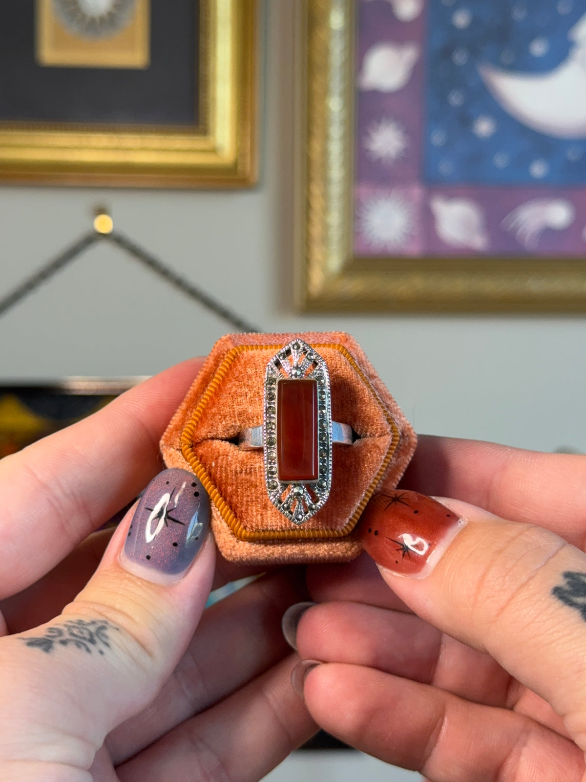 Elongated Carnelian & marcasite ring