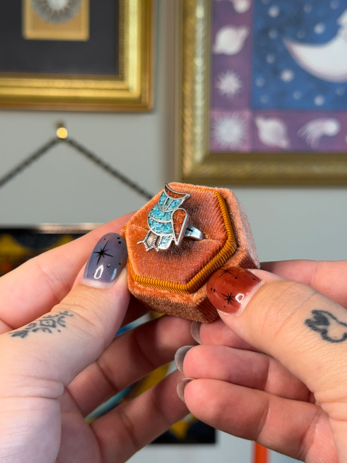 Navajo Turquoise & Coral owl inlay ring