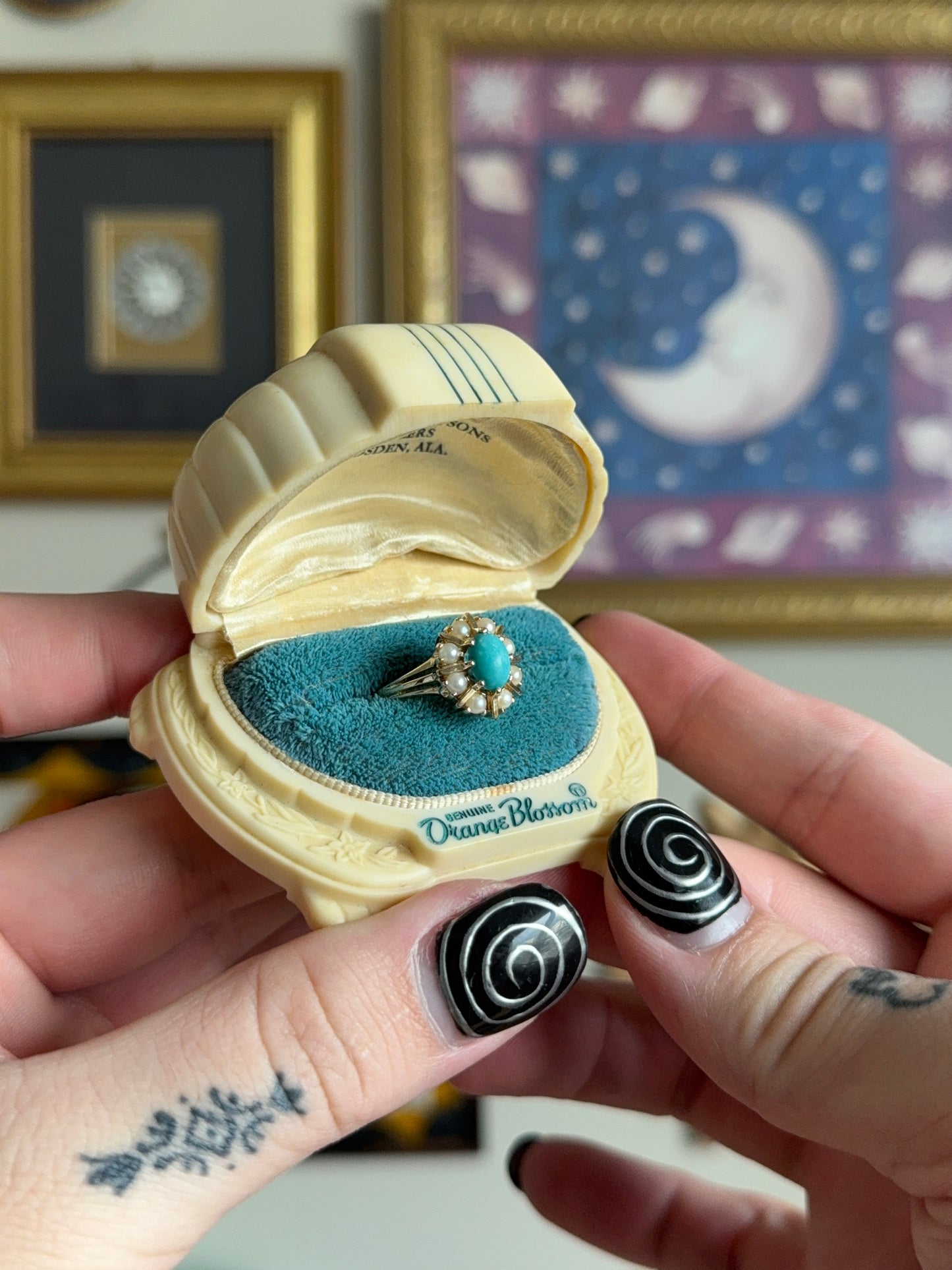 Antique Turquoise & cultured pearls cluster ring