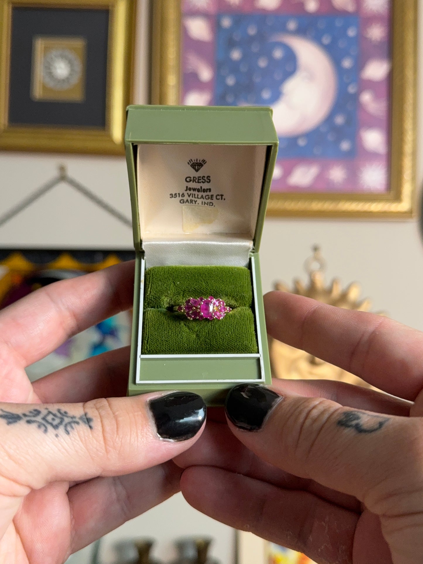 Yellow gold pink ruby cluster ring