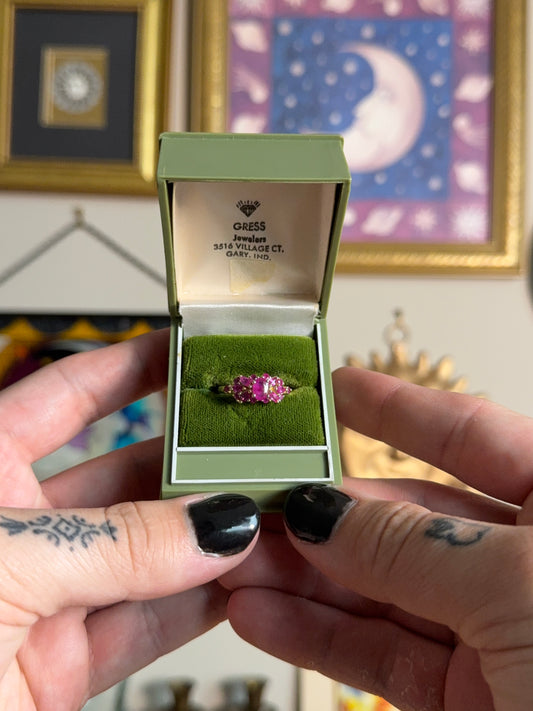 Yellow gold pink ruby cluster ring