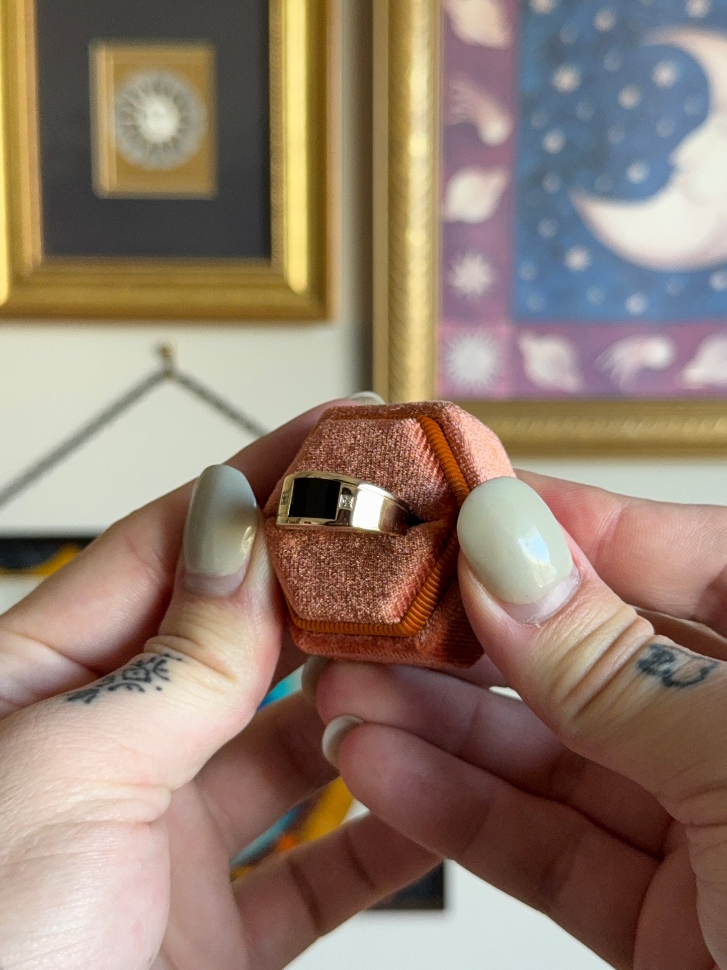 Gold Black onyx faceted signet paired with diamonds