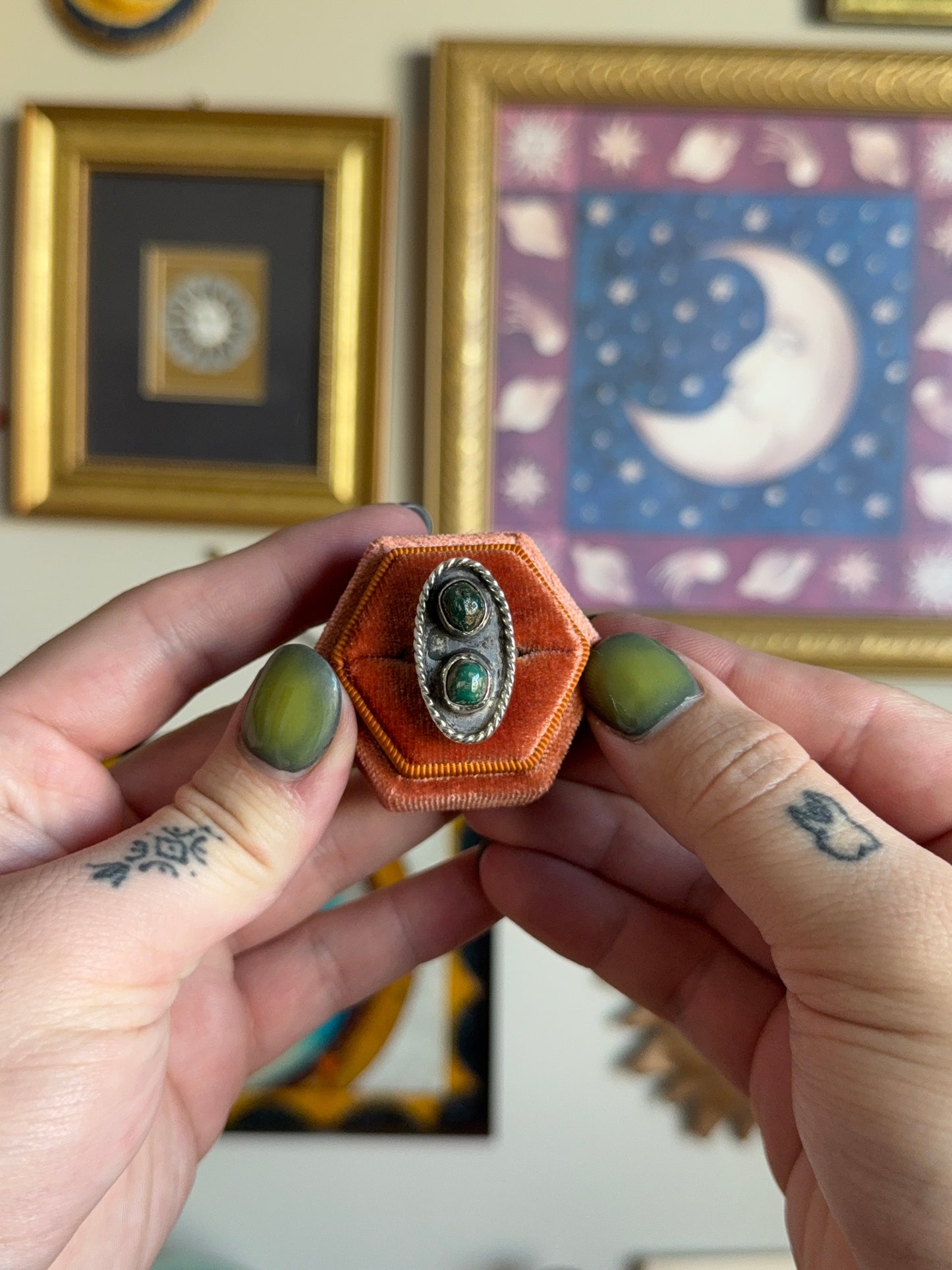 Oval double green turquoise ring