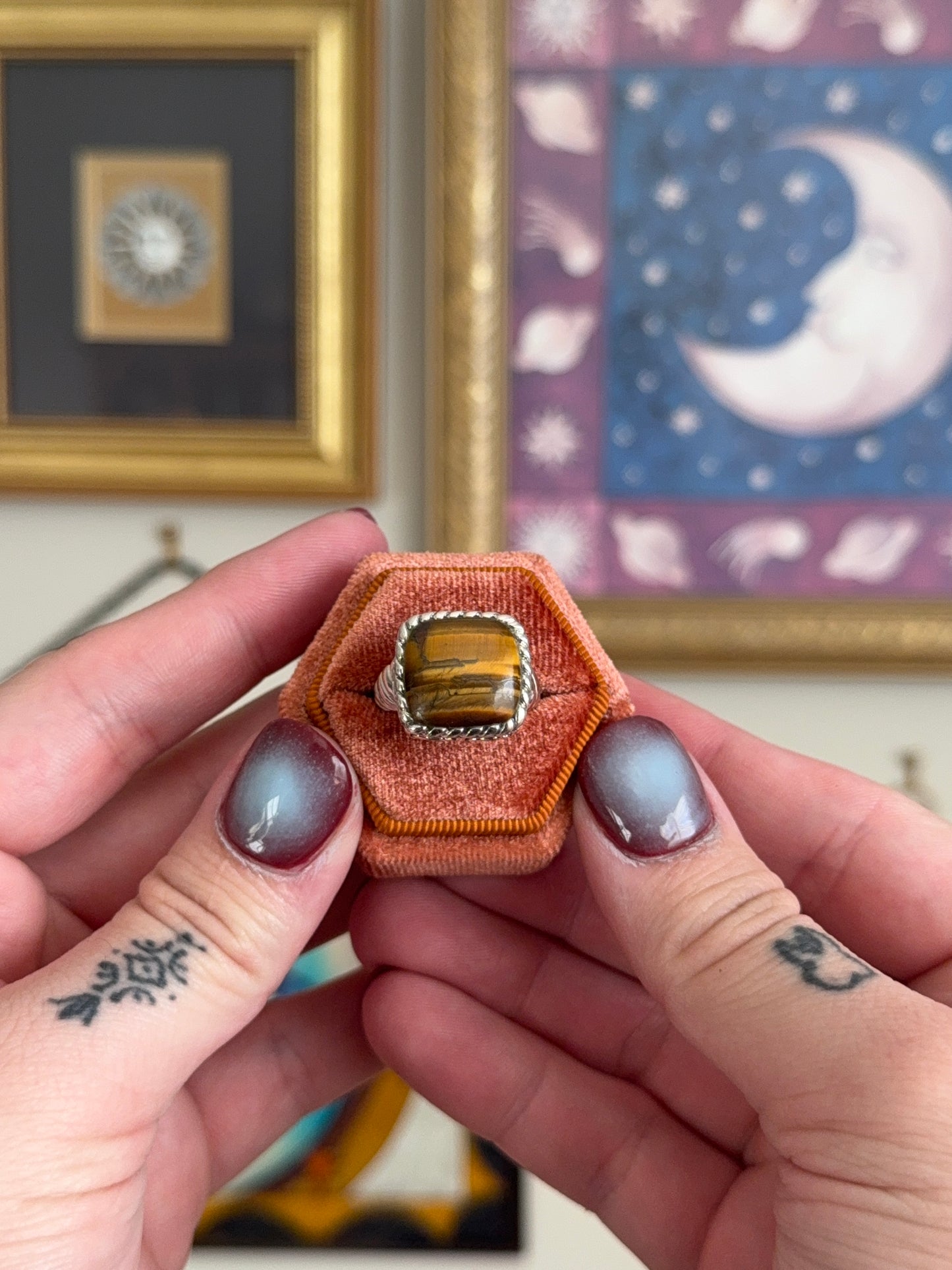 Square tigers eye detailed ring