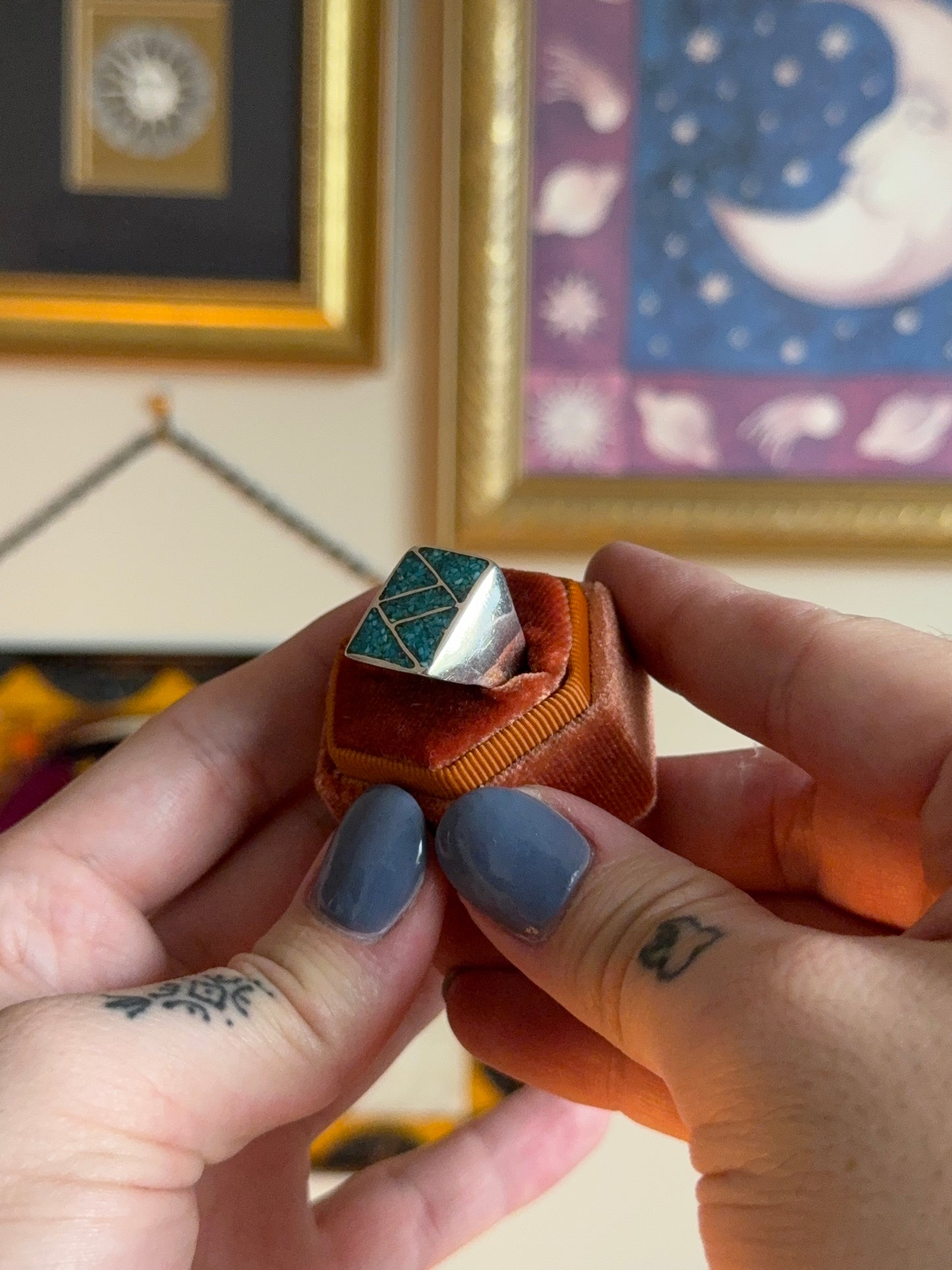 Rectangle crushed turquoise signet ring