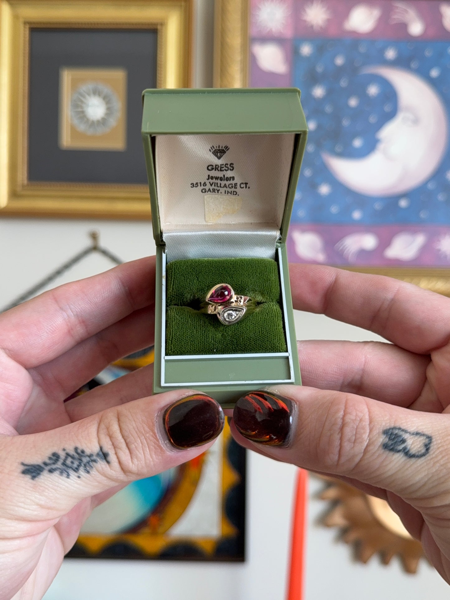 Ruby cabochon & Diamond bypass ring