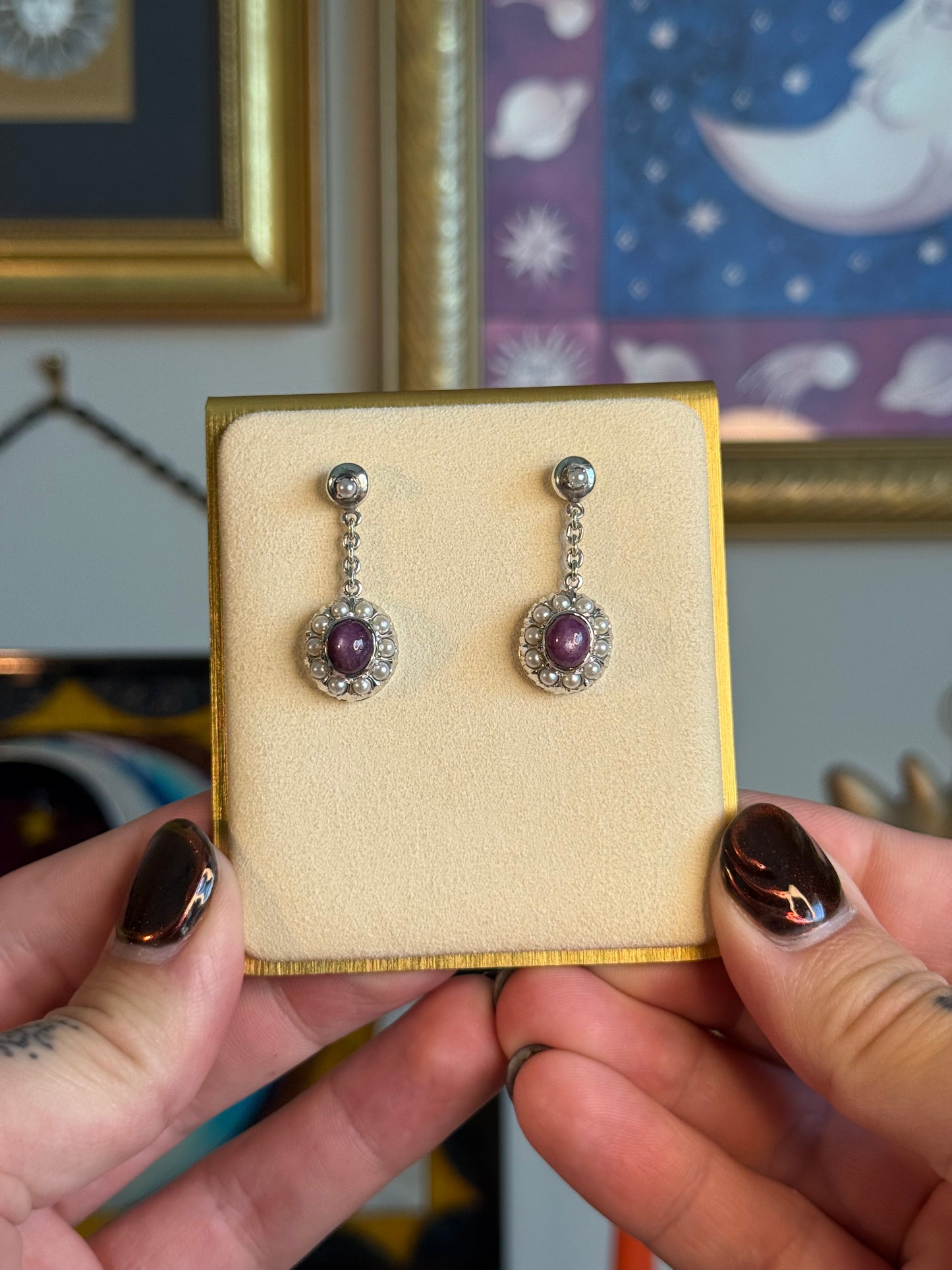 Pearl and star ruby earrings