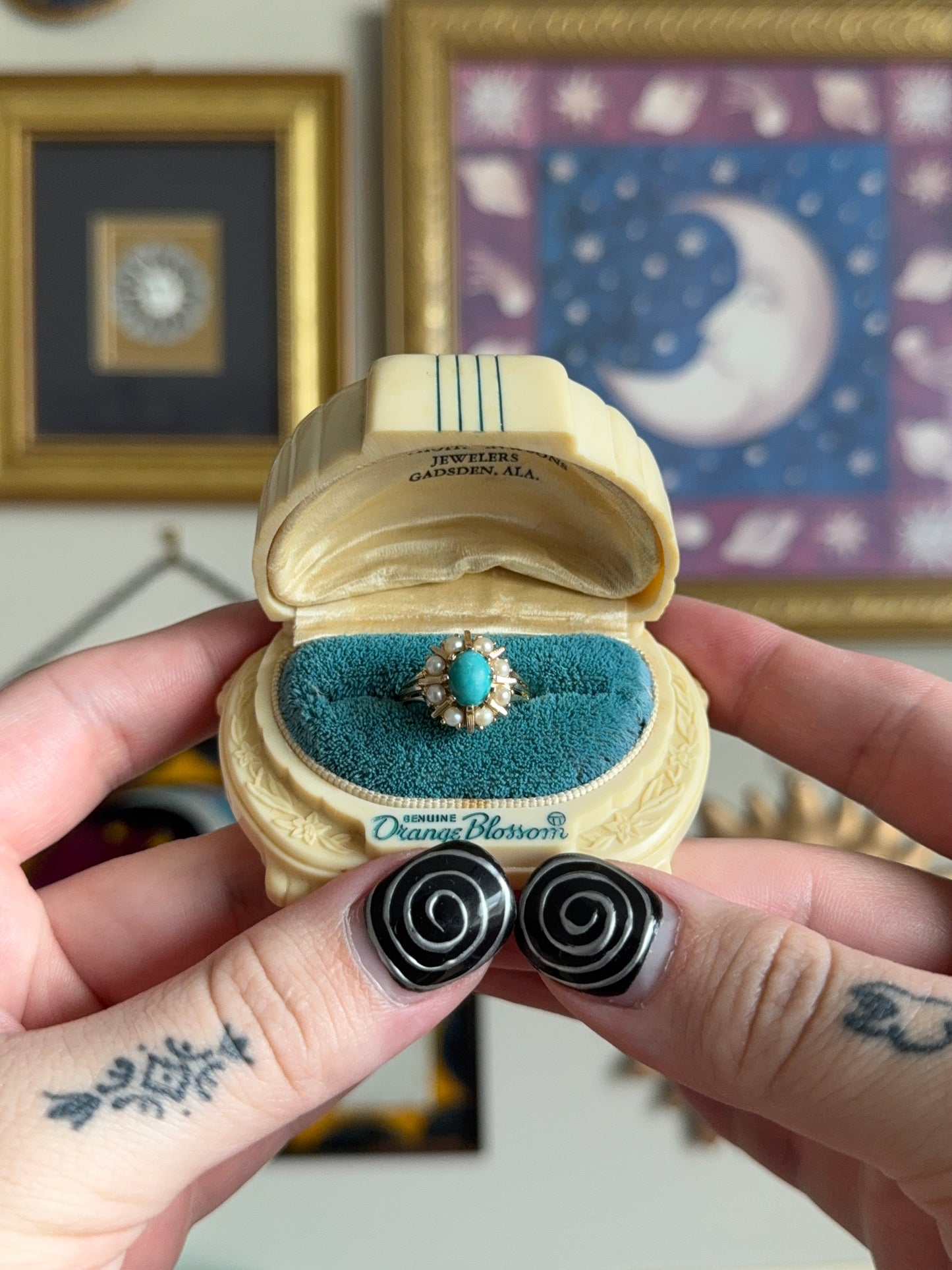 Antique Turquoise & cultured pearls cluster ring