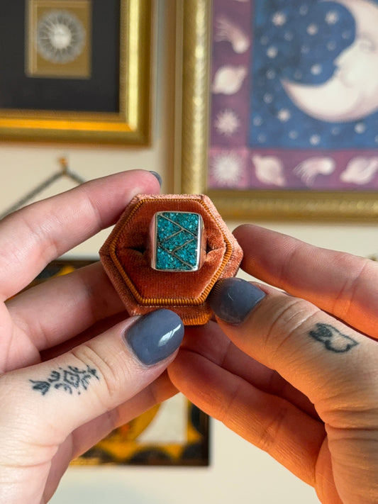 Rectangle crushed turquoise signet ring